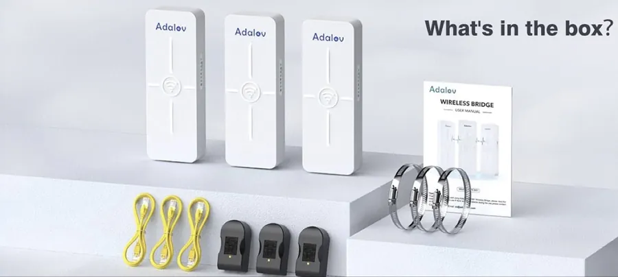 Wireless bridge kit with three bridge units, cables, and mounts